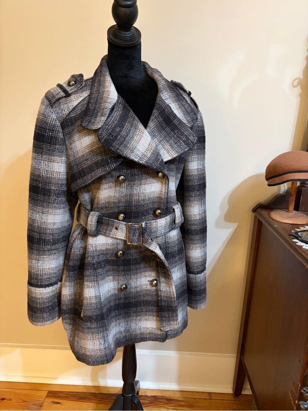 Miss Sixty Gray & Black Plaid Double-Breasted Wool Coat
